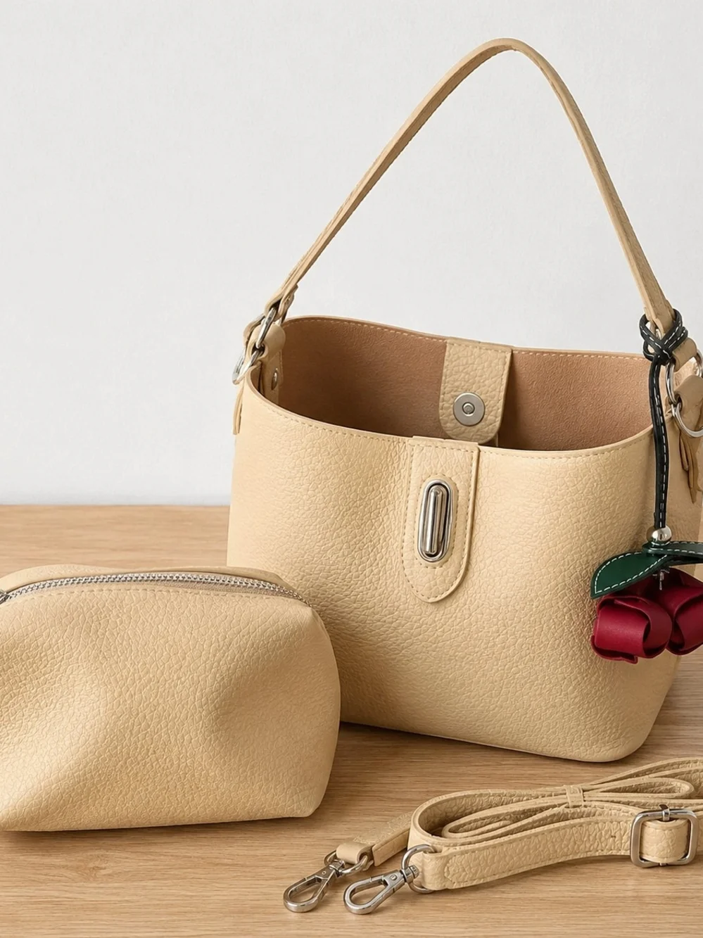 Beige Leatherette Shoulder Bag with Flower Charm